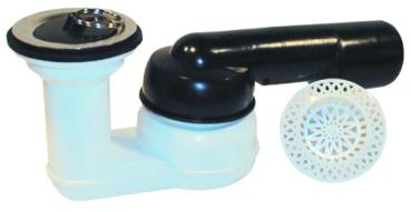 Brausetassensiphon DN40/50x6/4" waagrecht mit Kugelgelenk, Ventilteller 6/4", Haarfangsieb HL526 und Ventilstopfen HL514
